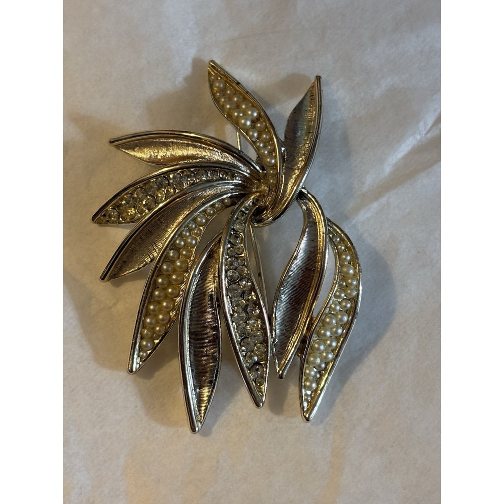 Vintage ART Brooch Signed Faux Pearl Rhinestone Leaf Spray 1950s, Mod Vibe, Deco